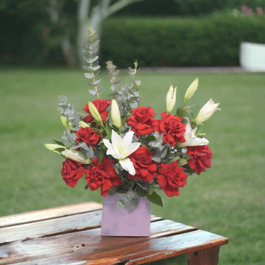 Red Roses White Lilies Eucalyptus Ceramic Vase Arrangement, Elegant Harmony, Red Roses, White Lilies, Eucalyptus, Classic Vase